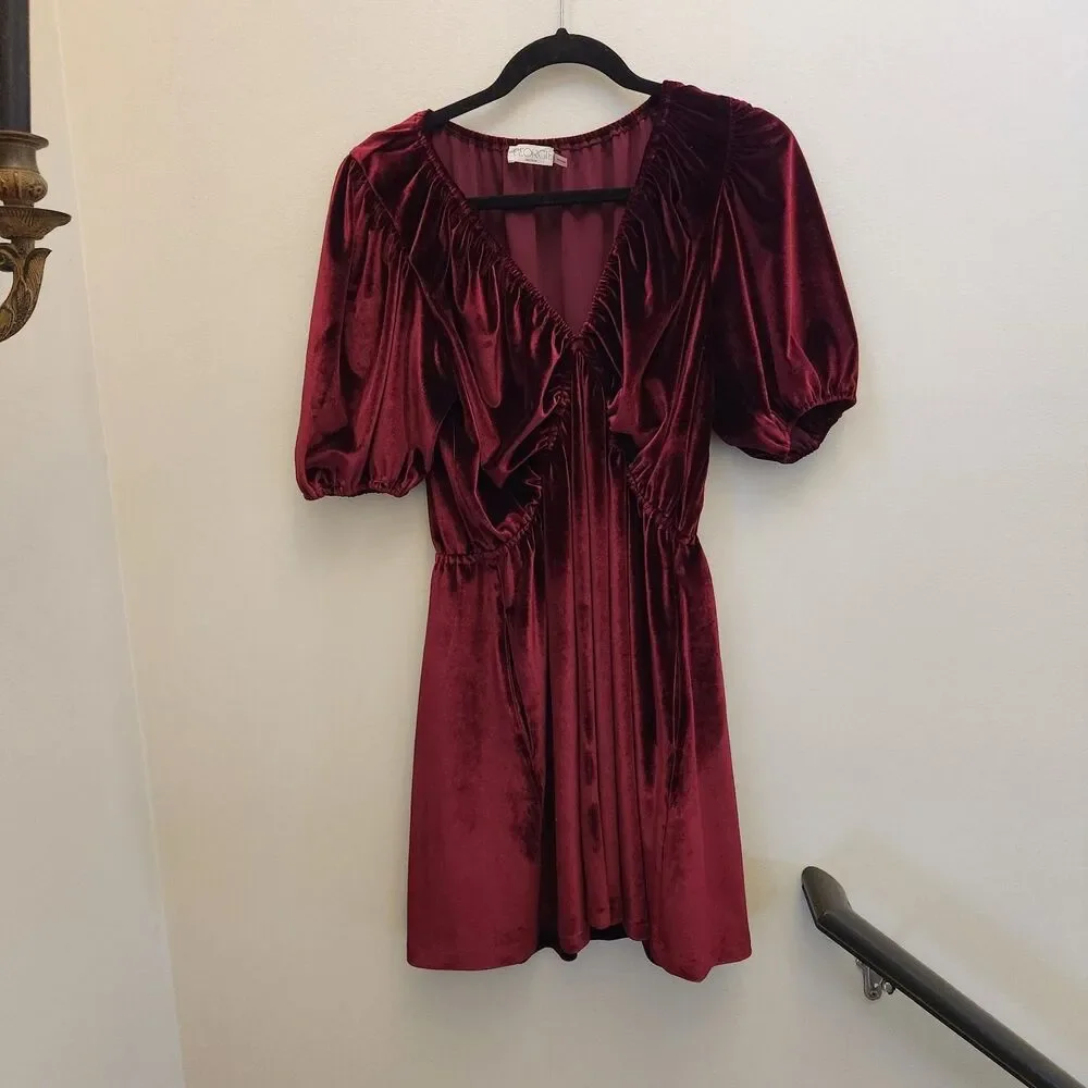 Georgie Red Velvet Mini Dress Puffed Sleeve Romantic Valentines Date Night Vamp - Picture 1 of 11